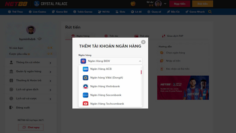 Phương thức chuyển khoản của nhà cái Net88